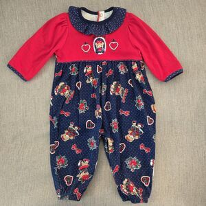 Vintage Healthtex 12M LS Embroidered Teddy Bear Polka Dot Romper Red Navy Snaps